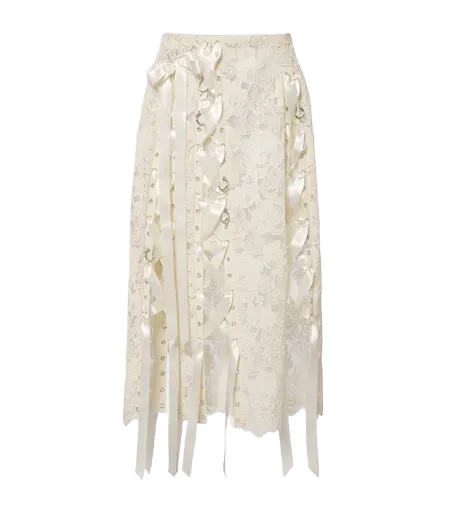 Unraveling bow-detail lace midi skirt
