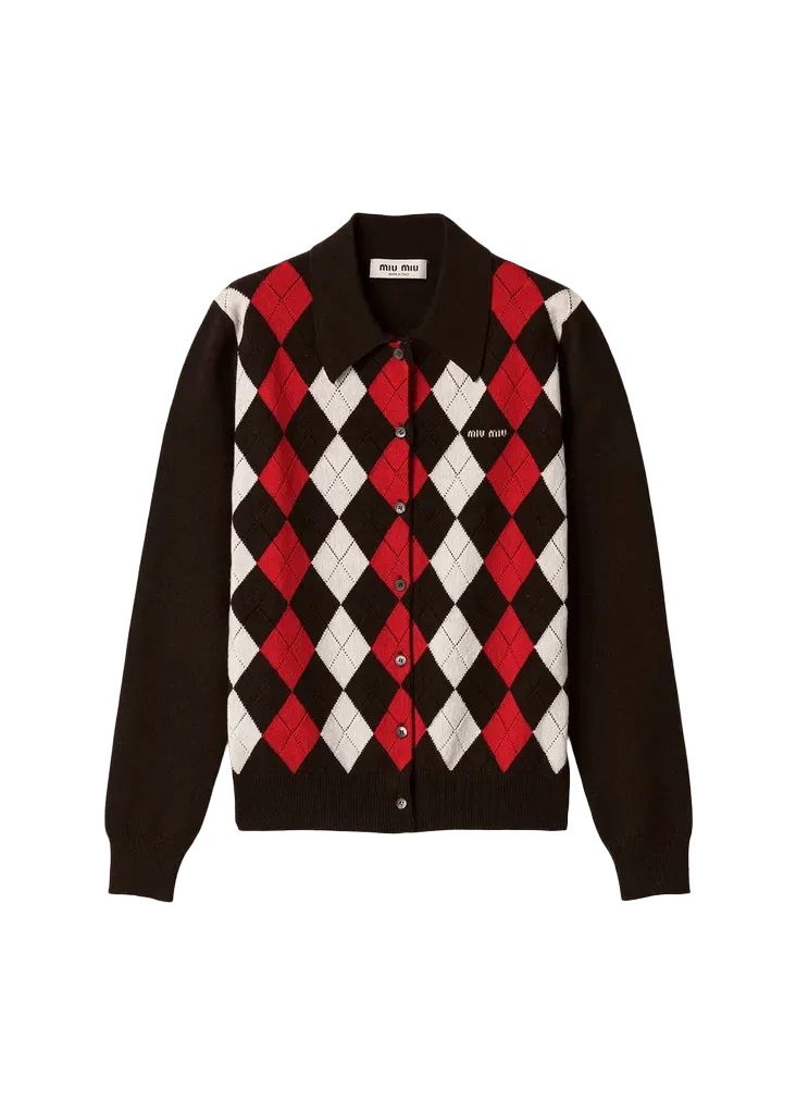 Argyle Cashmere Knit Collared Cardigan