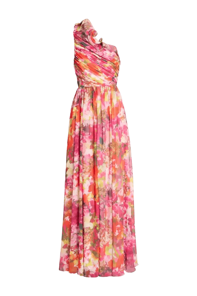 One-shoulder floral-print chiffon maxi dress