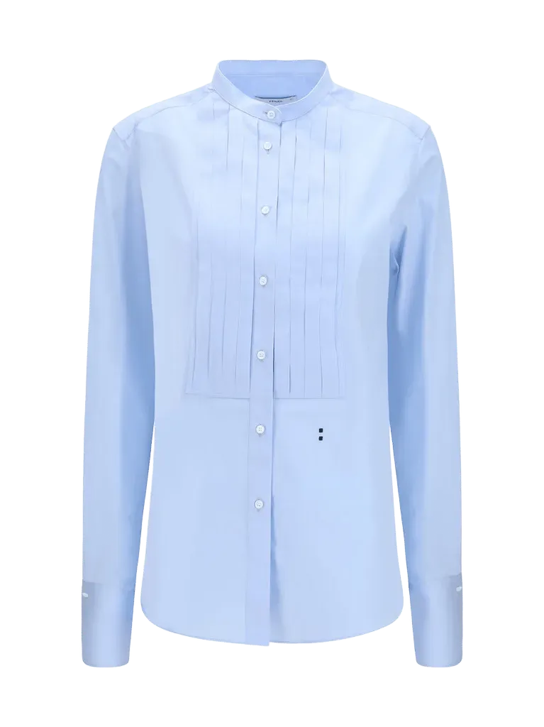 Fendi Pleated Cotton Poplin Shirt — Blue