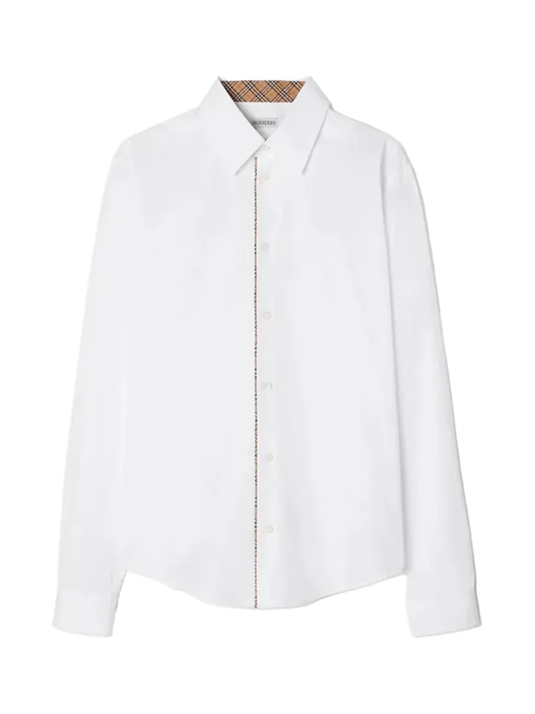 Burberry Cotton Poplin with Check Trim Shirt — White