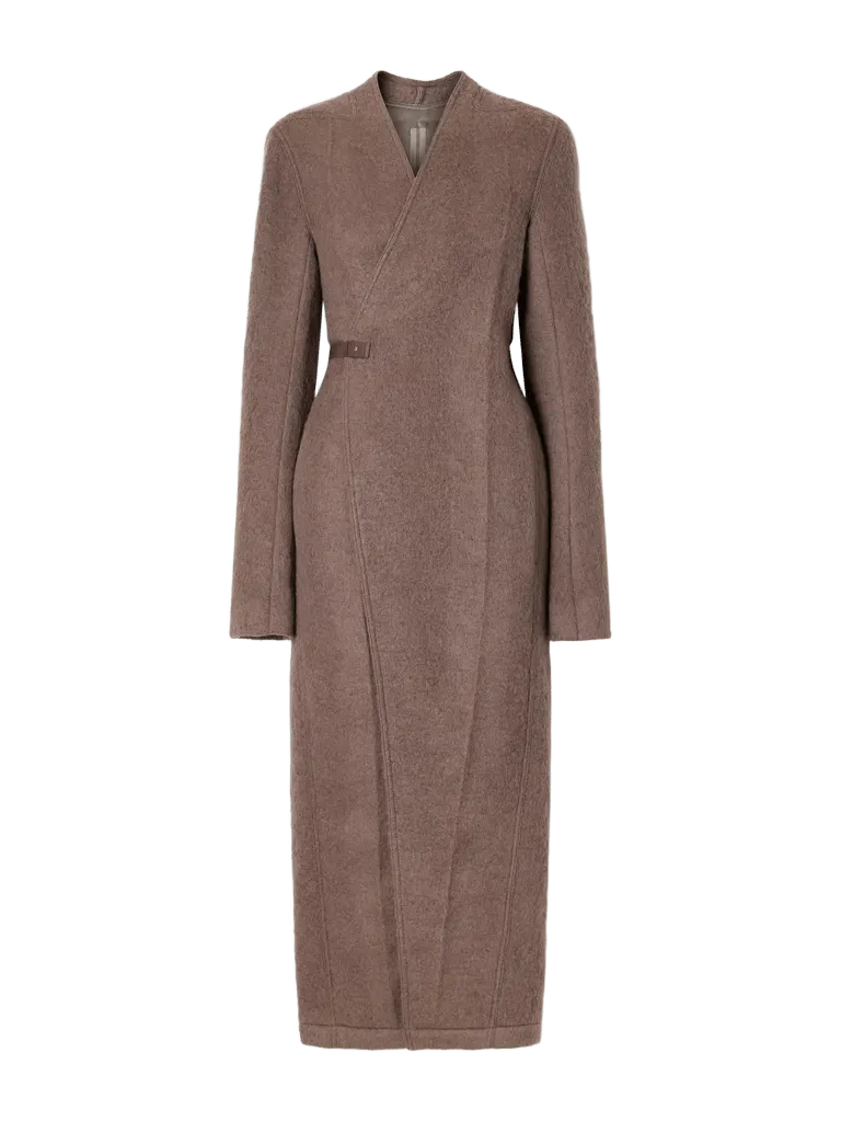 Leather-trimmed brushed alpaca and wool-blend wrap coat
