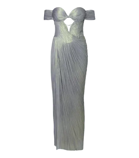 Edena pleated off-shoulder silk bustier gown