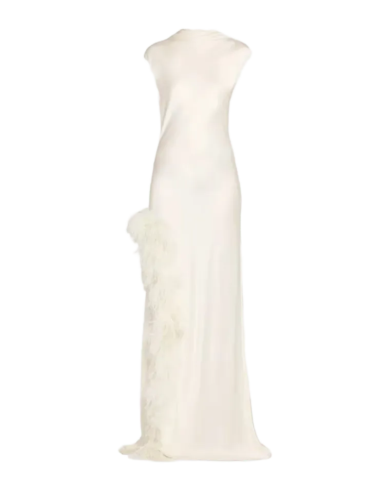 Satin Feather-Trimmed Slip Gown