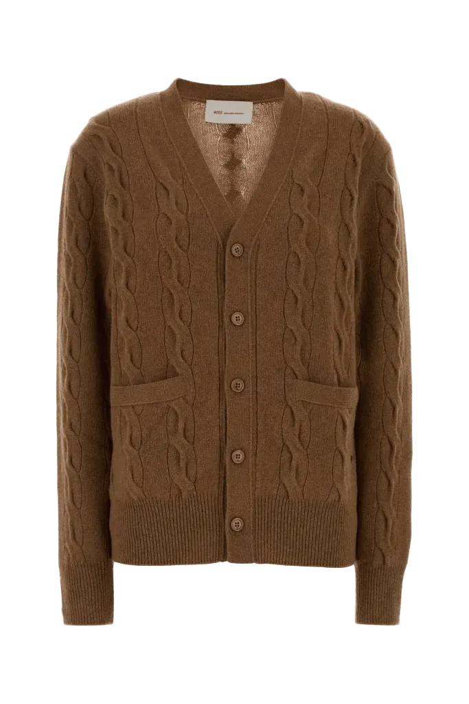 AMI Paris Cable-Knit Merino Wool Cardigan — Brown