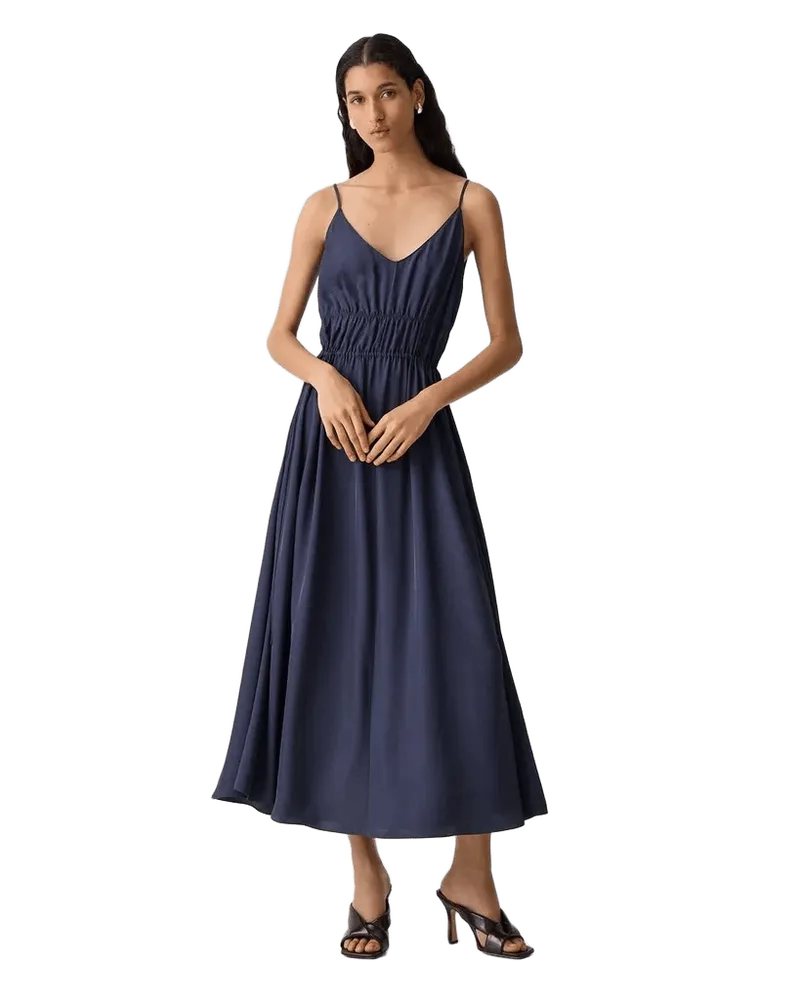 Gathered V-Neck Dress in Washed Twill