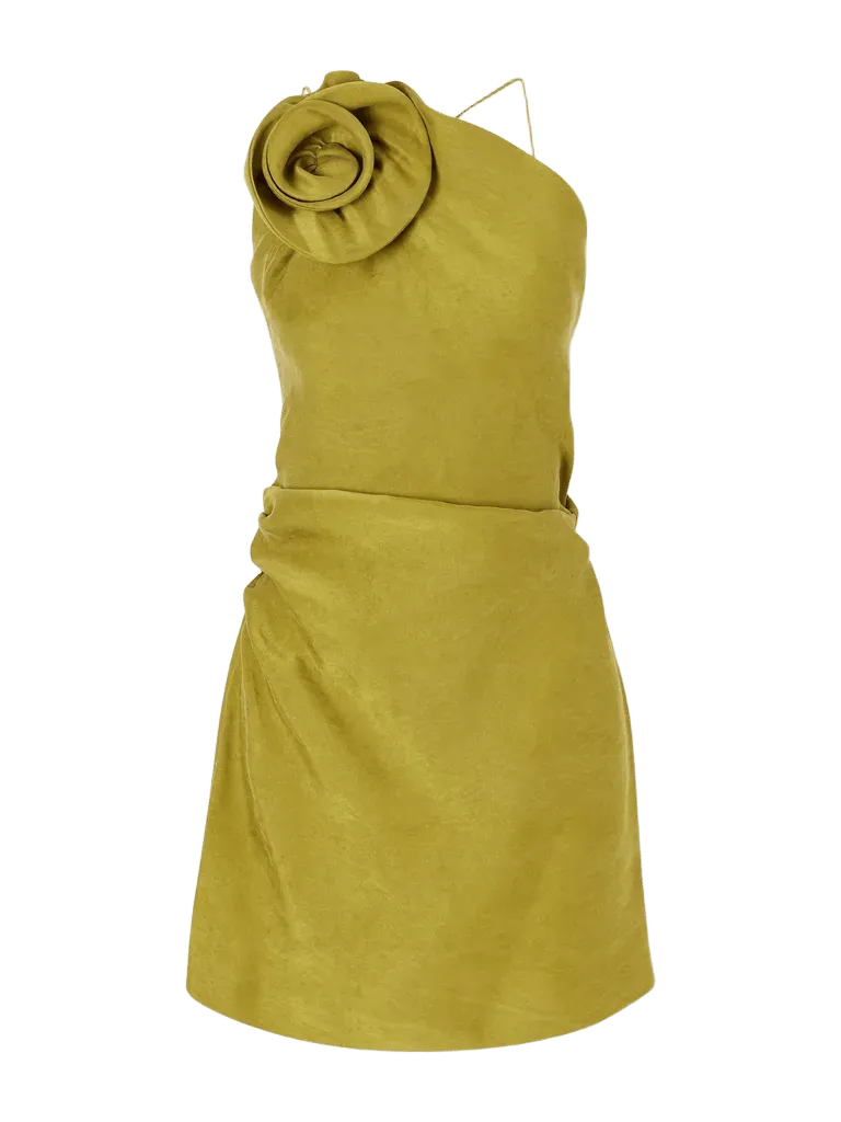 Appliquéd gathered silk-twill halterneck mini dress