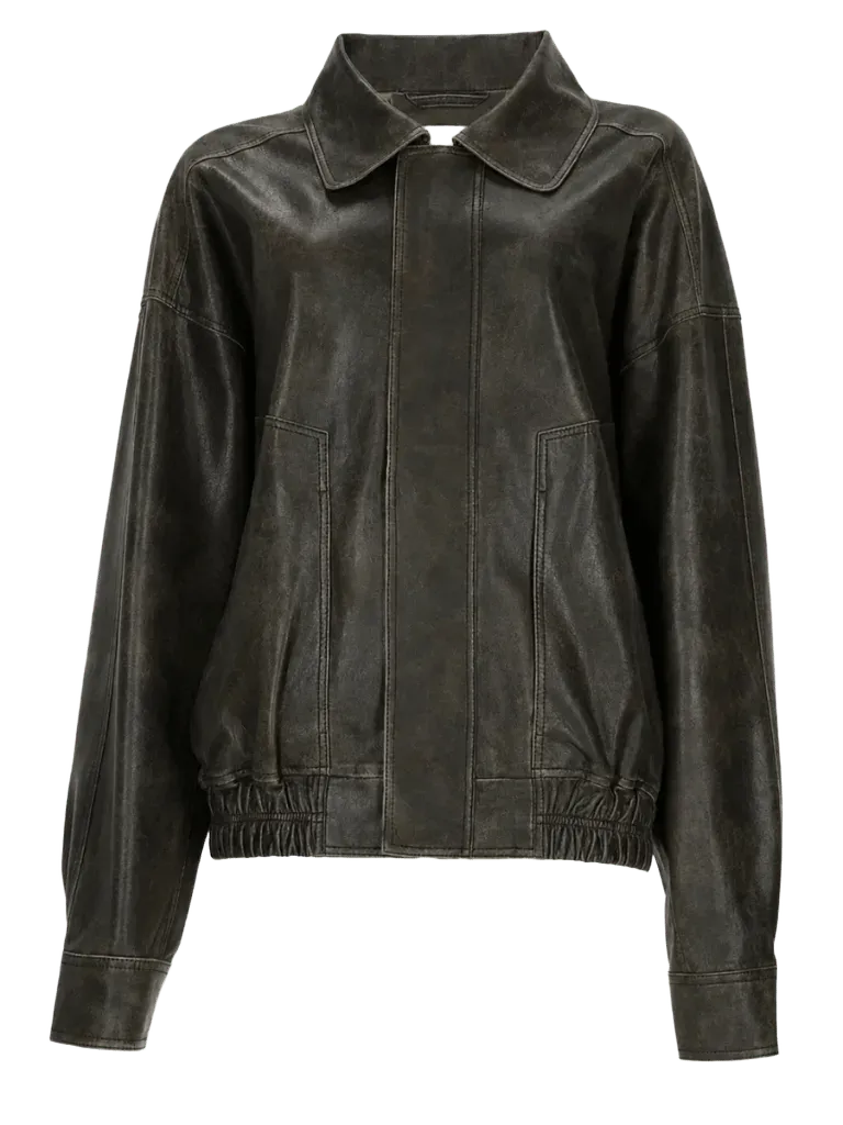 Alysi Distressed Leather Bomber Jacket — Brown
