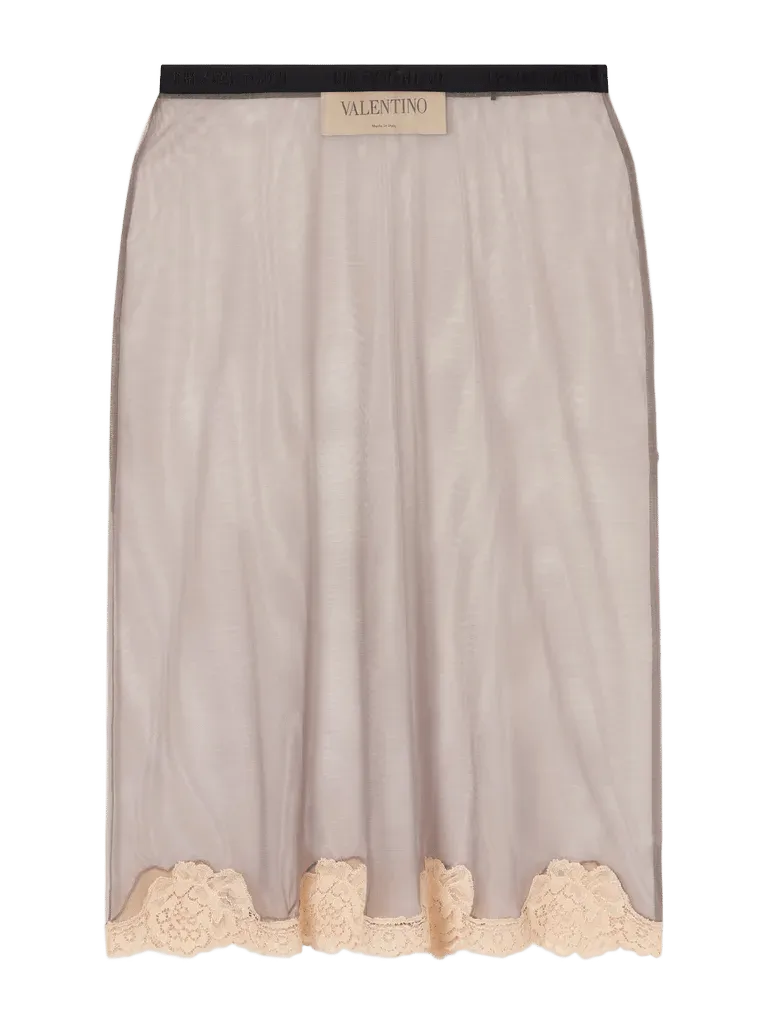 Lace-trimmed mesh midi skirt