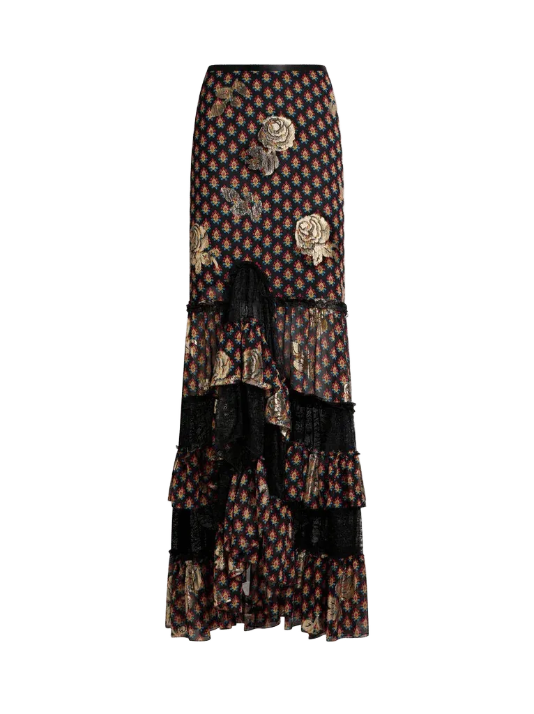 SILK AND LACE MAXI SKIRT WITH FIL COUPÉ ROSES AND TIE-INSPIRED MOTIF
