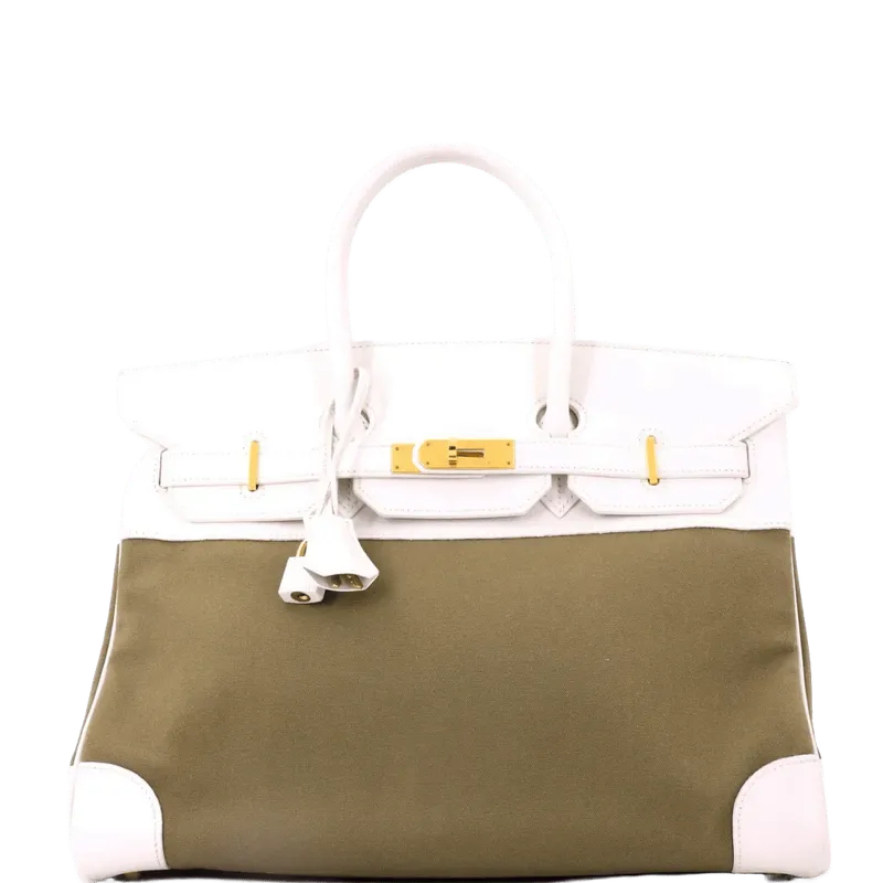 Birkin Handbag Toile and White Courchevel with Gold Hardware 35