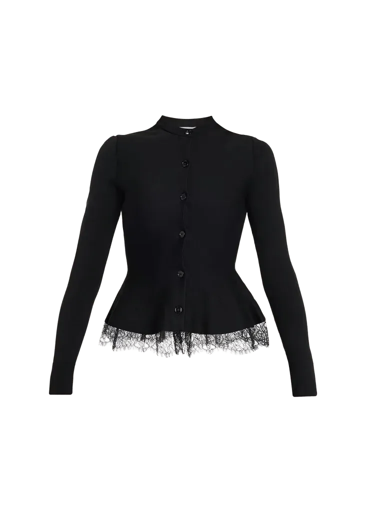 Lace-Trim Peplum Wool Crewneck Cardigan