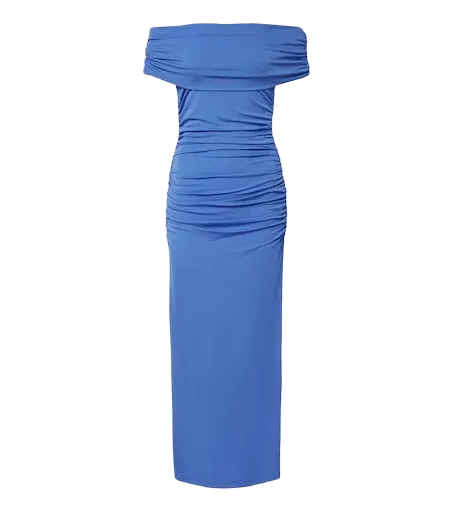 Ruched off-shoulder jersey midi dress