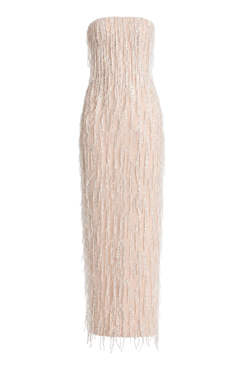 Ramona Fringe Embellished Strapless Column Gown