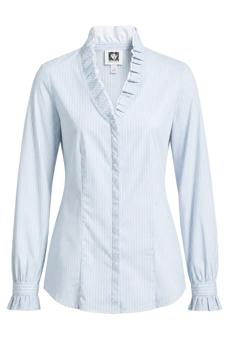 Ruffle Detail Stripe Cotton Button-Up Shirt