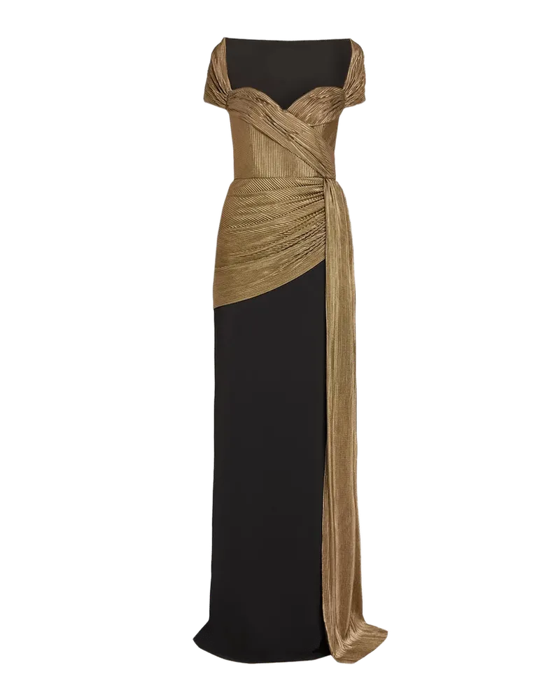 Draped Sweetheart Metallic Lame Column Gown
