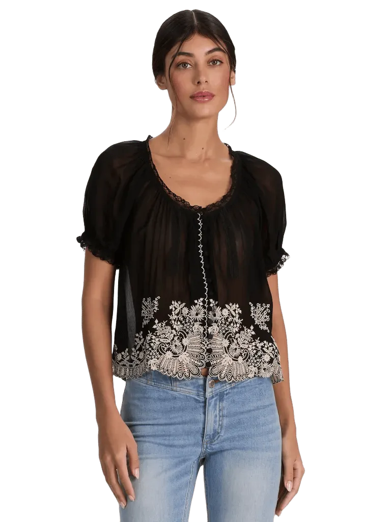 ODETTE EMRBOIDERED PUFF SLEEVE TOP - BLACK/VANILLA