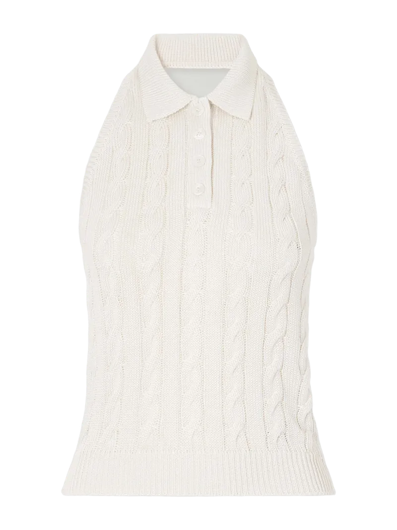 Cable-knit silk-blend halterneck polo vest