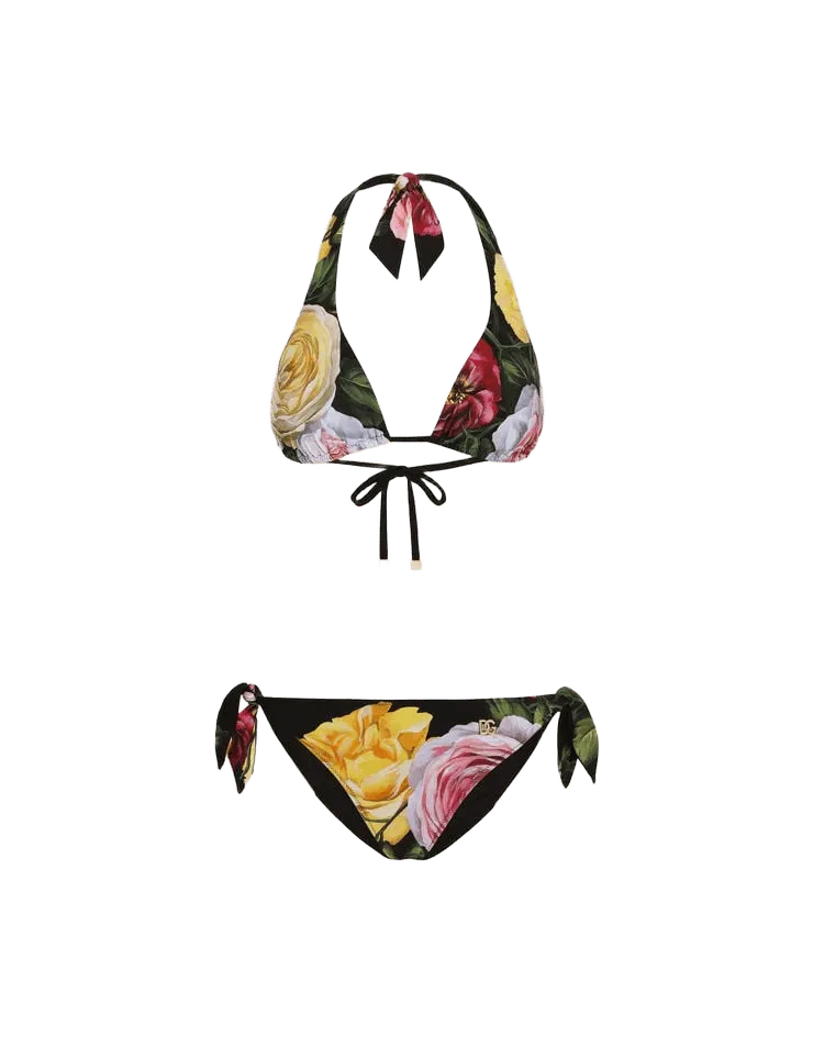 Rose and Peony-print padded triangle bikini