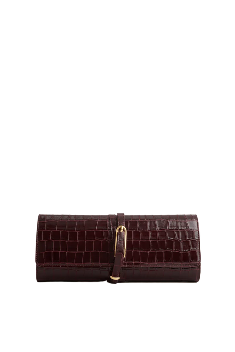 Burgundy Croc Embossed Belted Clutch
