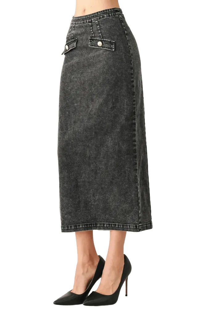 Acid-Washed Denim Pencil Midi Skirt