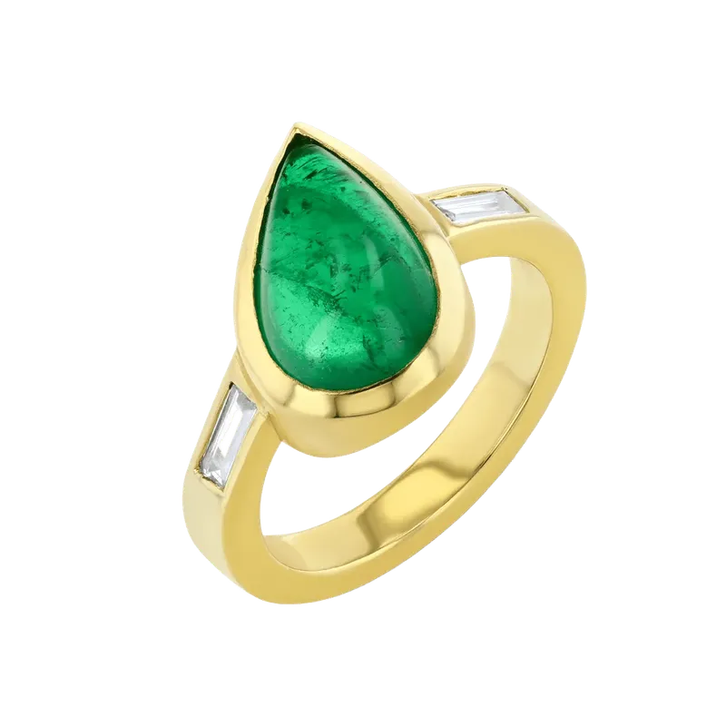 Emerald Pear Cabochon & Diamond Bezel Set Ring in 18k Yellow Gold
