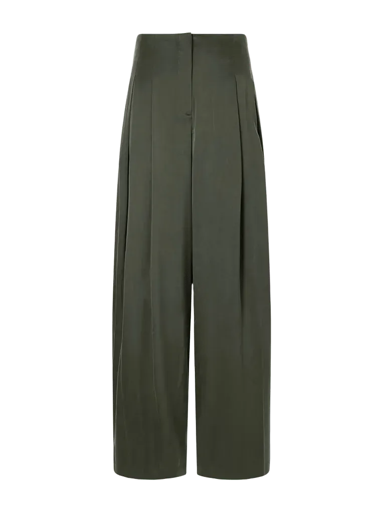Drew pleated silk-blend charmeuse mid-rise wide-leg pants