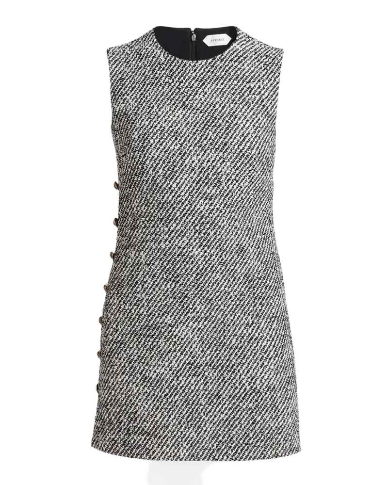 Sleeveless Buttoned Boucle Tweed Mini Dress