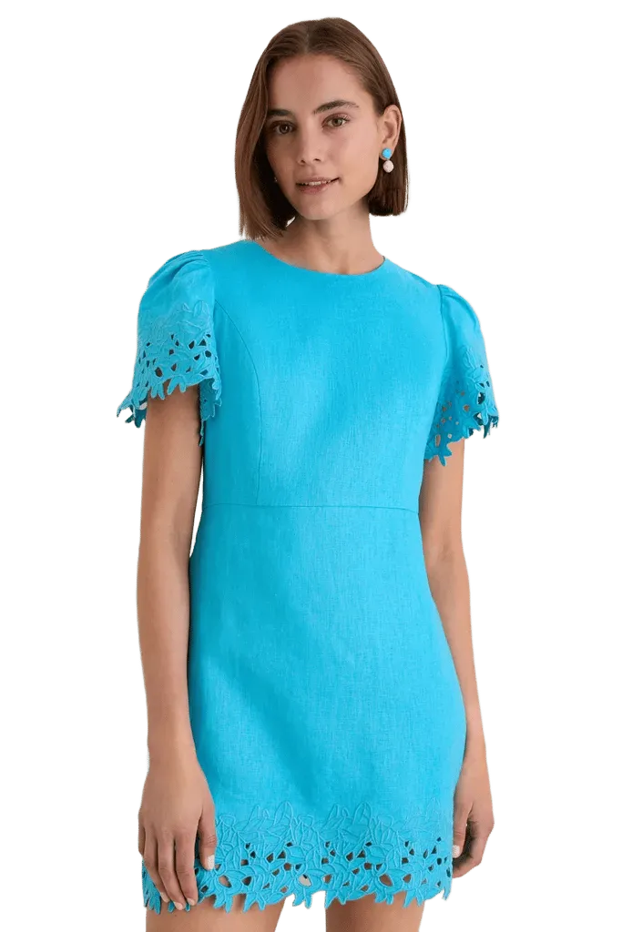 Aqua Linen Embroidered Ruthie Mini Dress