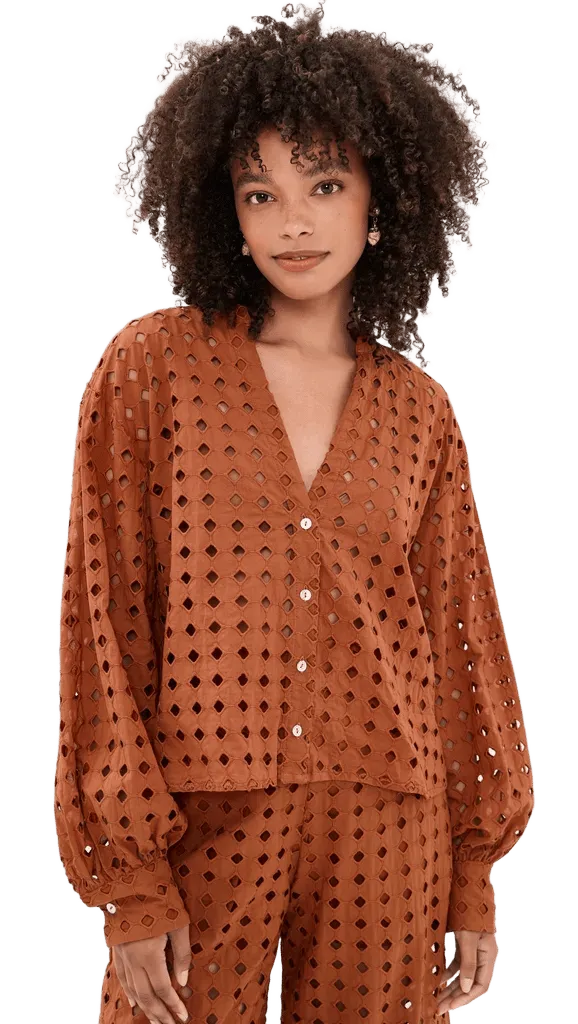 Brown Castanha Cuffed Eyelet Shirt