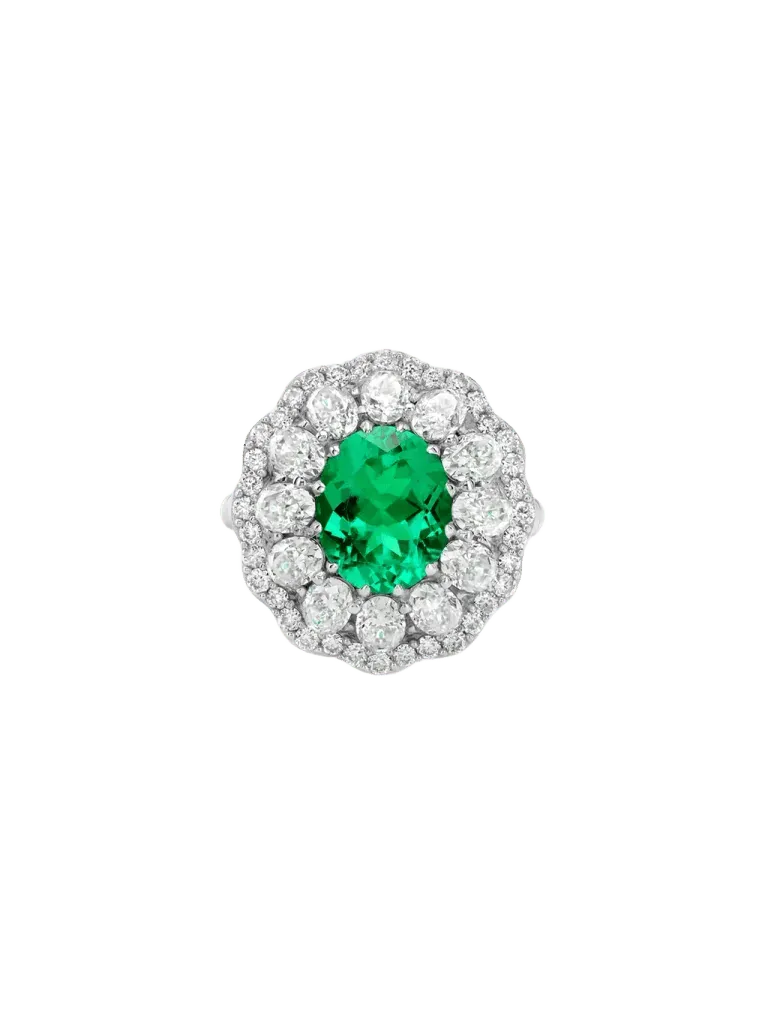 14K TATE RING IN LAB EMERALD AND LAB DIAMOND, 14K WHITE GOLD