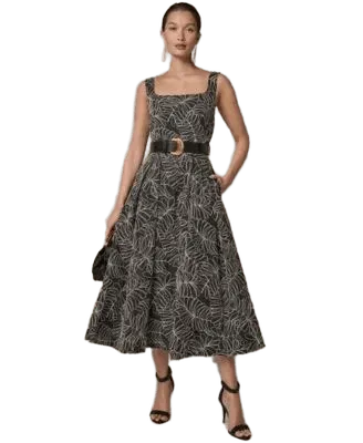 Women's Square Neck A-Line Midi Dress with Polyurethane Belt