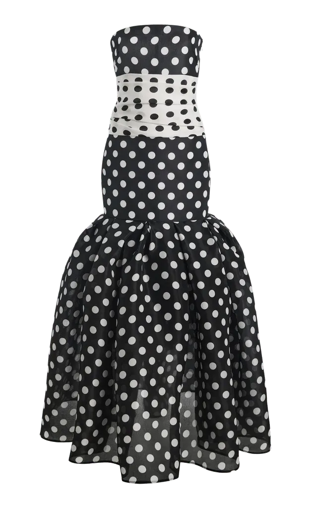 Strapless Polka-Dot Gazar Fil Coupé Midi Dress