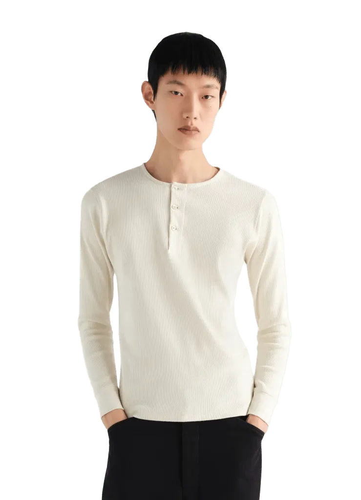 LONG SLEEVE HENLEY IN COTTON LINEN RIB JERSEY