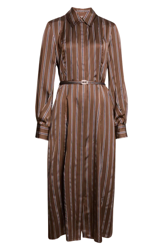 Stripe Long Sleeve Satin Midi Shirtdress