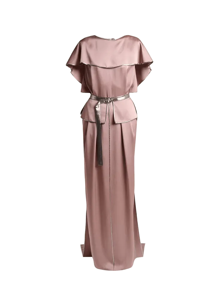 Capelet-Sleeve Metallic Belted Satin Maxi Dress