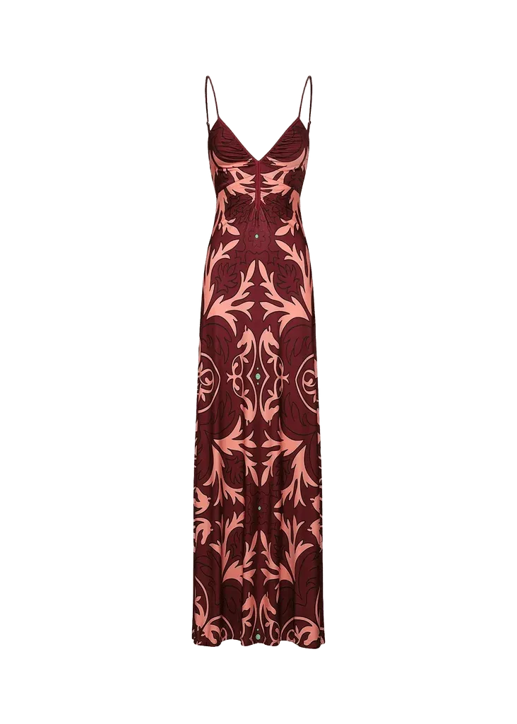 Nuestra Tierra Ruched V-Neck Sleeveless Maxi Dress