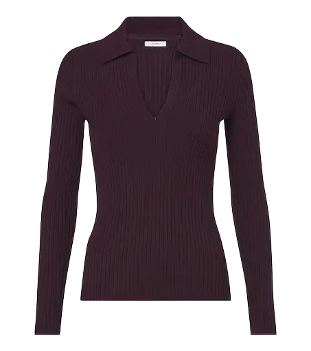Ribbed-knit wool-blend polo sweater