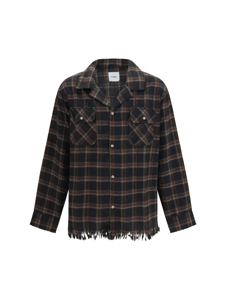 Found Raw-Cut Fringe Plaid Shirt — Navy