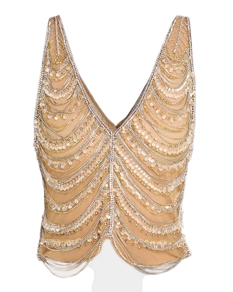 Draped Crystal Embellished Tulle Sleeveless Top