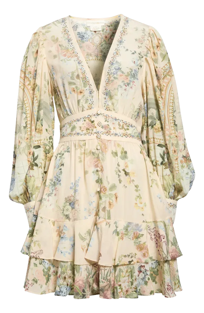 Floral Print Frill Long Sleeve Silk Dress