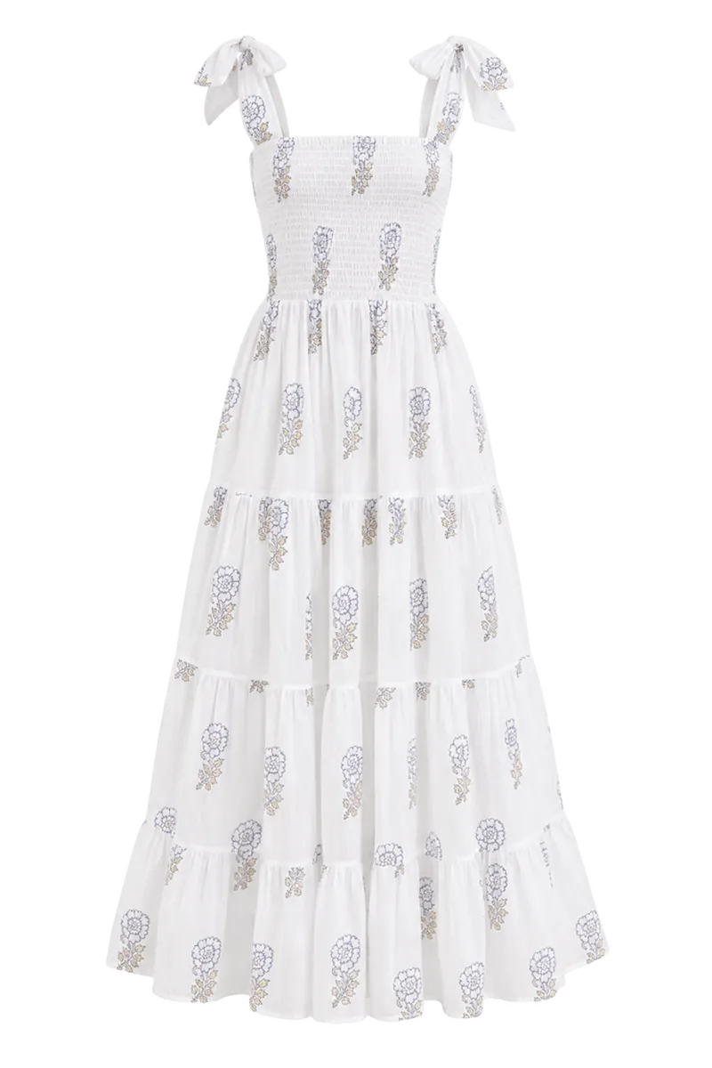 Leela Sky Wide Strap Smocked Midi Dress