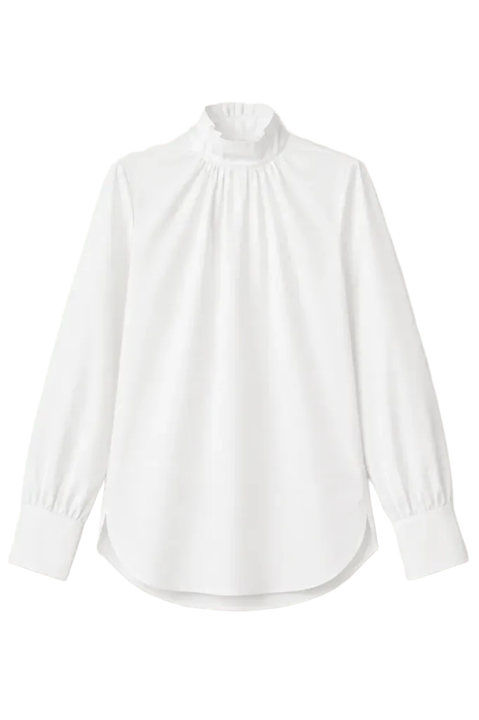 Structured Cotton Poplin Blouse with High Neck - White
