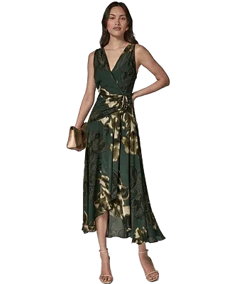 donna karan new york womens sleeveless printed chiffon surplice neck dress