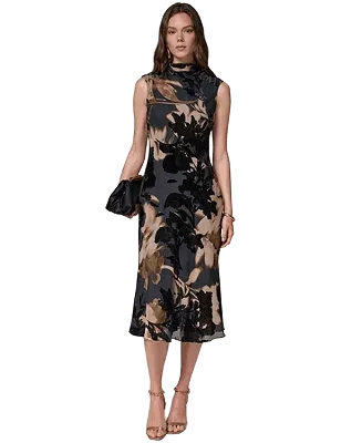 donna karan new york womens printed velvet burnout midi dress