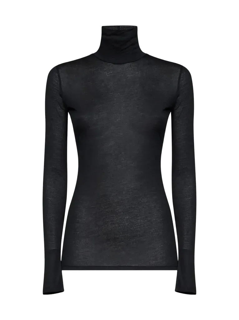 Mugler Sheer Modal and Silk Turtleneck Top — Black