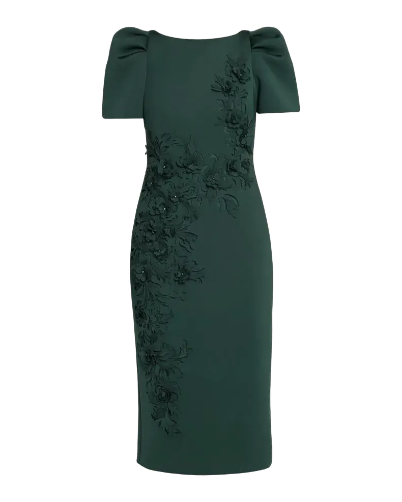 Puff-Sleeve Floral Stretch Scuba Midi Dress