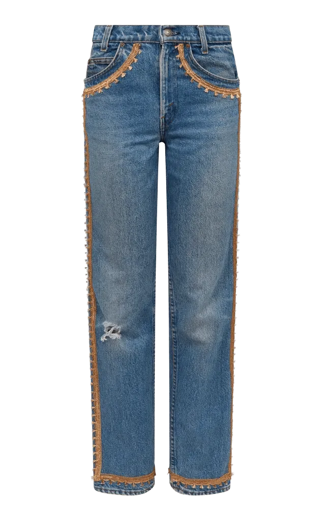 Embellished Rigid Mid-Rise Straight-Leg Jeans