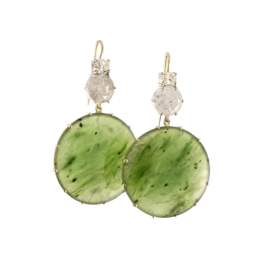 Nephrite Jade Discs with Diamonds Drop Earrings