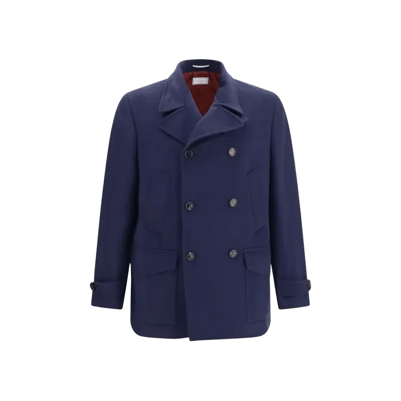 Brunello Cucinelli Double-Breasted Merino Wool Coat — Blue